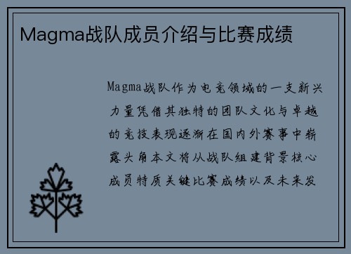 Magma战队成员介绍与比赛成绩