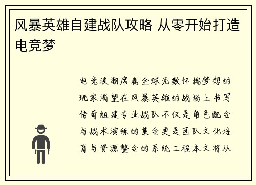 风暴英雄自建战队攻略 从零开始打造电竞梦
