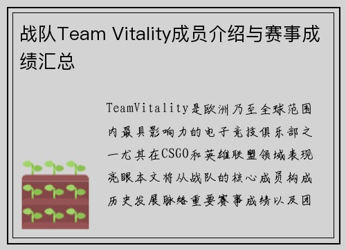 战队Team Vitality成员介绍与赛事成绩汇总